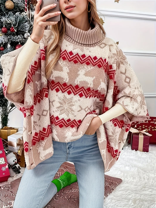 Elegant Long Sleeve Christmas Pattern Turtle Neck Sweater for Fall & Winter, Women's Clothing