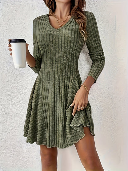 Vibrant A-Line Dress with Ribbed V Neck - Elegant, Micro Elastic Polyester Fabric, Machine Washable, Solid Color, Long Sleeve, Fall Season Essential - Womens Clothing for Adult