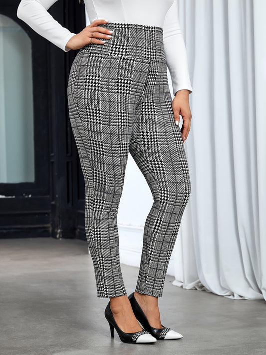 Plus Size Elegant Straight Trousers - Soft Slight Stretch Polyester Fabric, High Rise, Elastic Waistband, Random Striped Print, Machine Washable, All-Season Wear