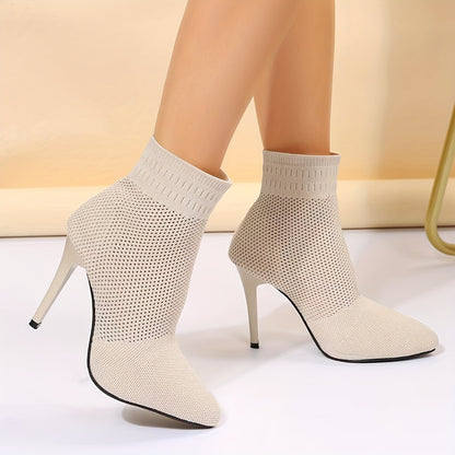 Women's Fashion Knit Socks Boots, Casual Pointed Toe Solid Color Slip On High Heels, Causal & Breathable Ankle Boots