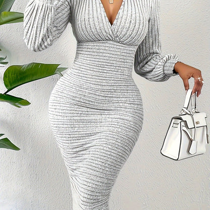 Solid Color Long Sleeve Ribbed Dress, Elegant Lapel High Waist Slim Dress, Women's Clothing