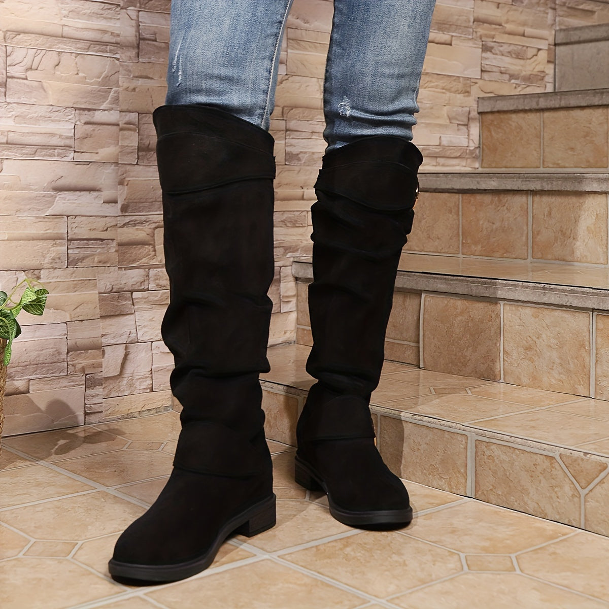 Trendy Solid Color Boots - Knee-High, Buckle Belt, Pull On, Chunky Heel, High Knee, Winter, Round Toe, Slouchy, Comfortable Boots for Women - LuxyXO