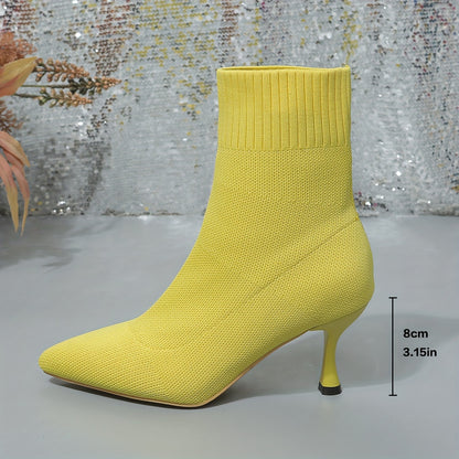 Stiletto Ankle Boots, Fashion Solid Color Knitted Slip On High Heeled Boots