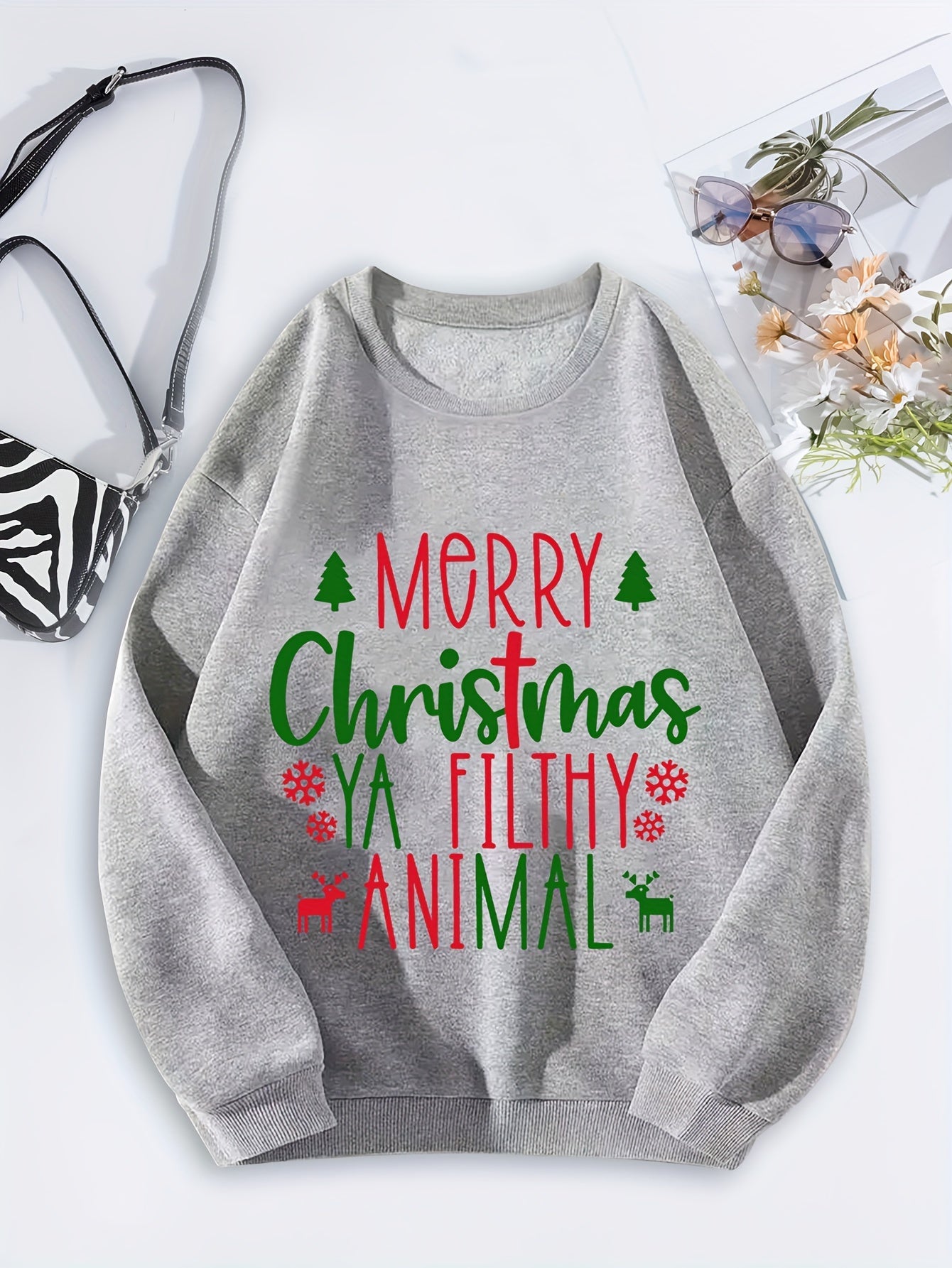 Cozy Holiday Graphic Sweatshirt for Women - Soft 100% Polyester Knitted Fabric, Long Sleeve Comfort Fit, Relaxed Crew Neck, Vibrant 'Merry Christmas Ya Filthy Animal' Print, Perfect for Fall and Winter Season Casual Wear