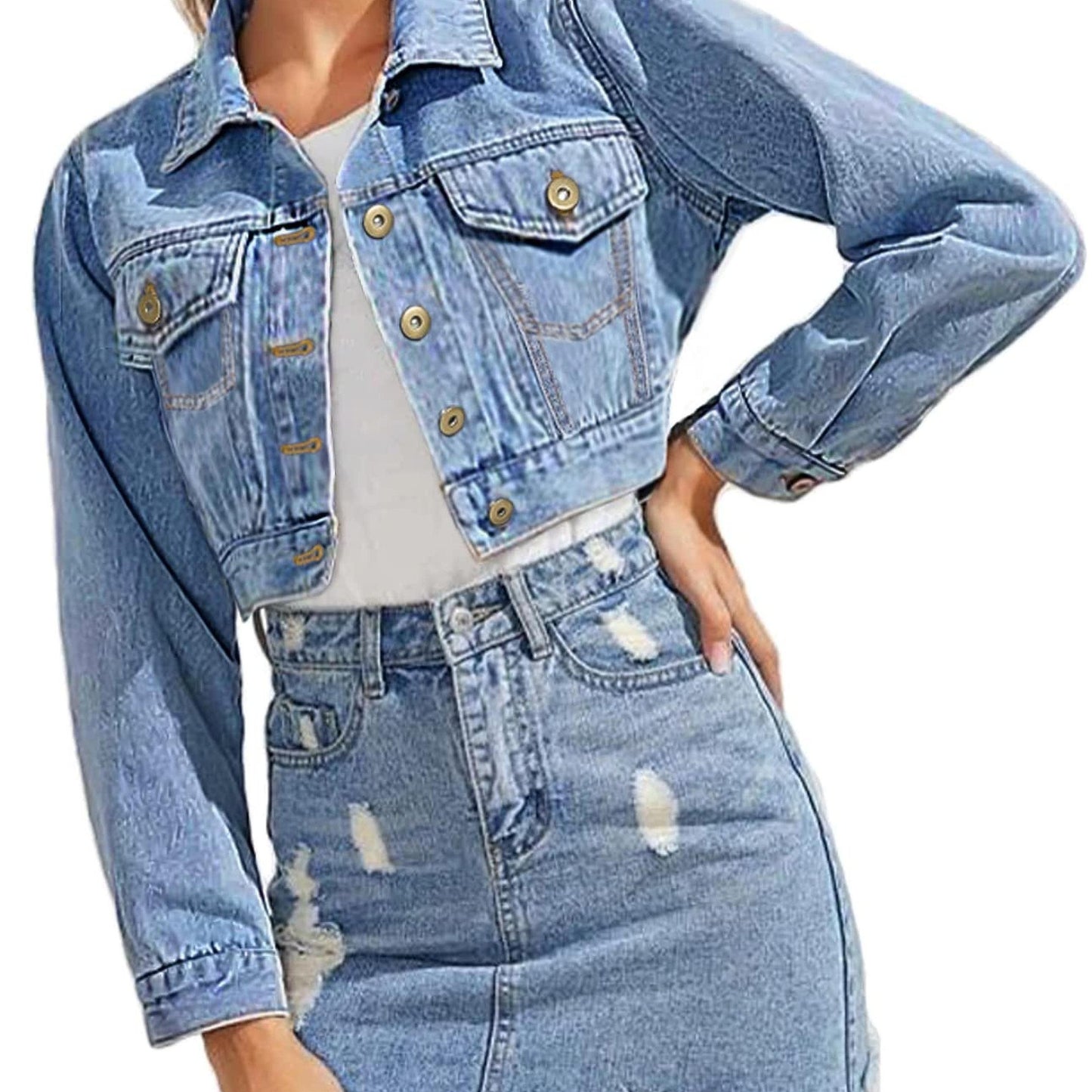 Women's Cropped Long-Sleeve Button-Down Denim Jacket with Pockets