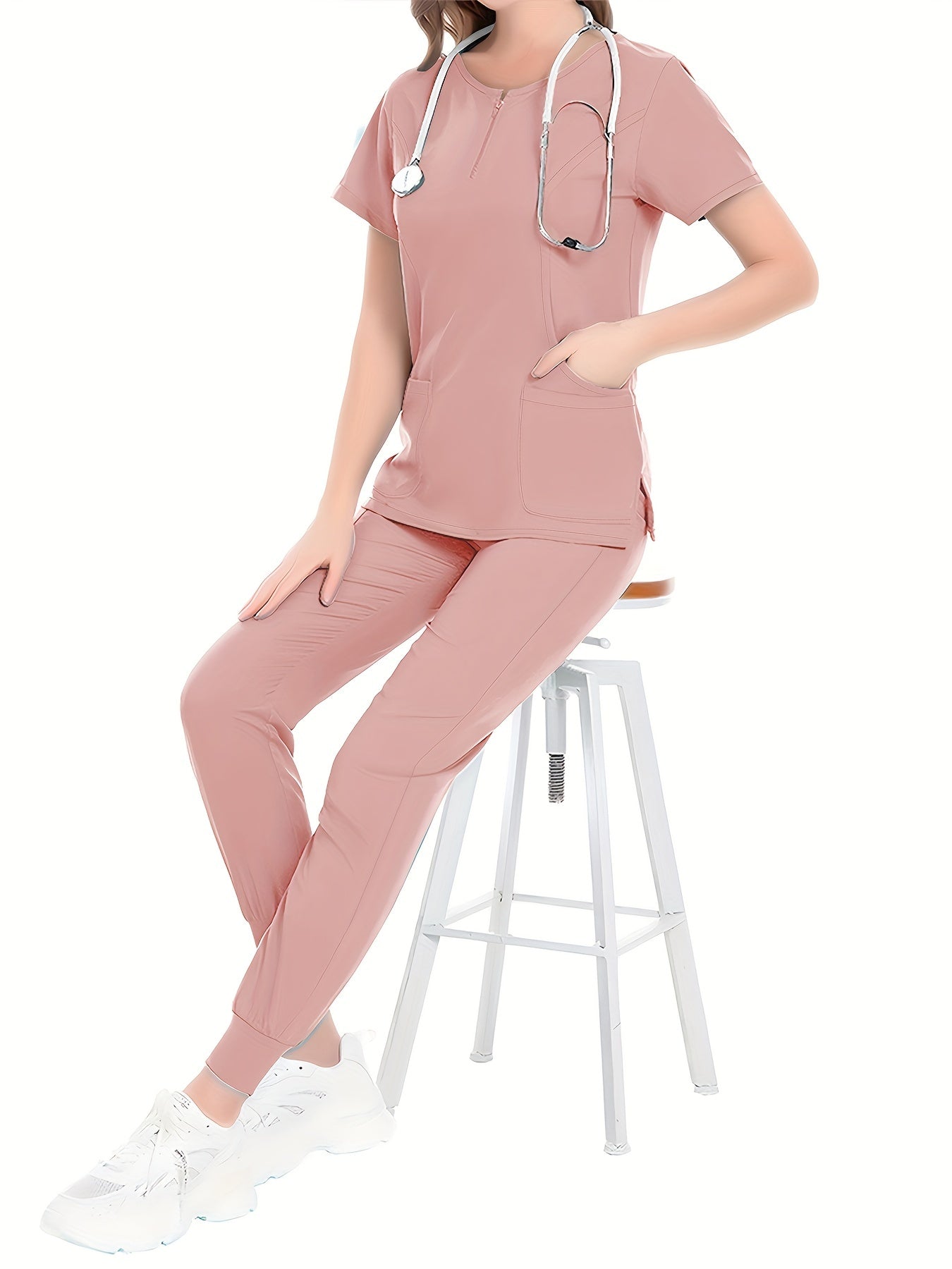 Cómodo conjunto de uniforme de enfermera: blusas quirúrgicas suaves con cuello redondo, bolsillos delanteros y pantalones con cordón para el hospital, ropa médica para mujer con tela transpirable y cintura ajustable