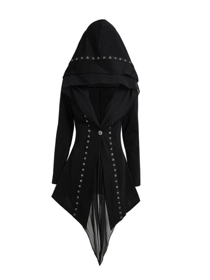 Y2K-Inspired Gothic Chiffon Jacket with Metal Eyelet Detail - Oversized Hooded Outerwear for Fall/Winter, Perfect for Street Parties & Rock Styles