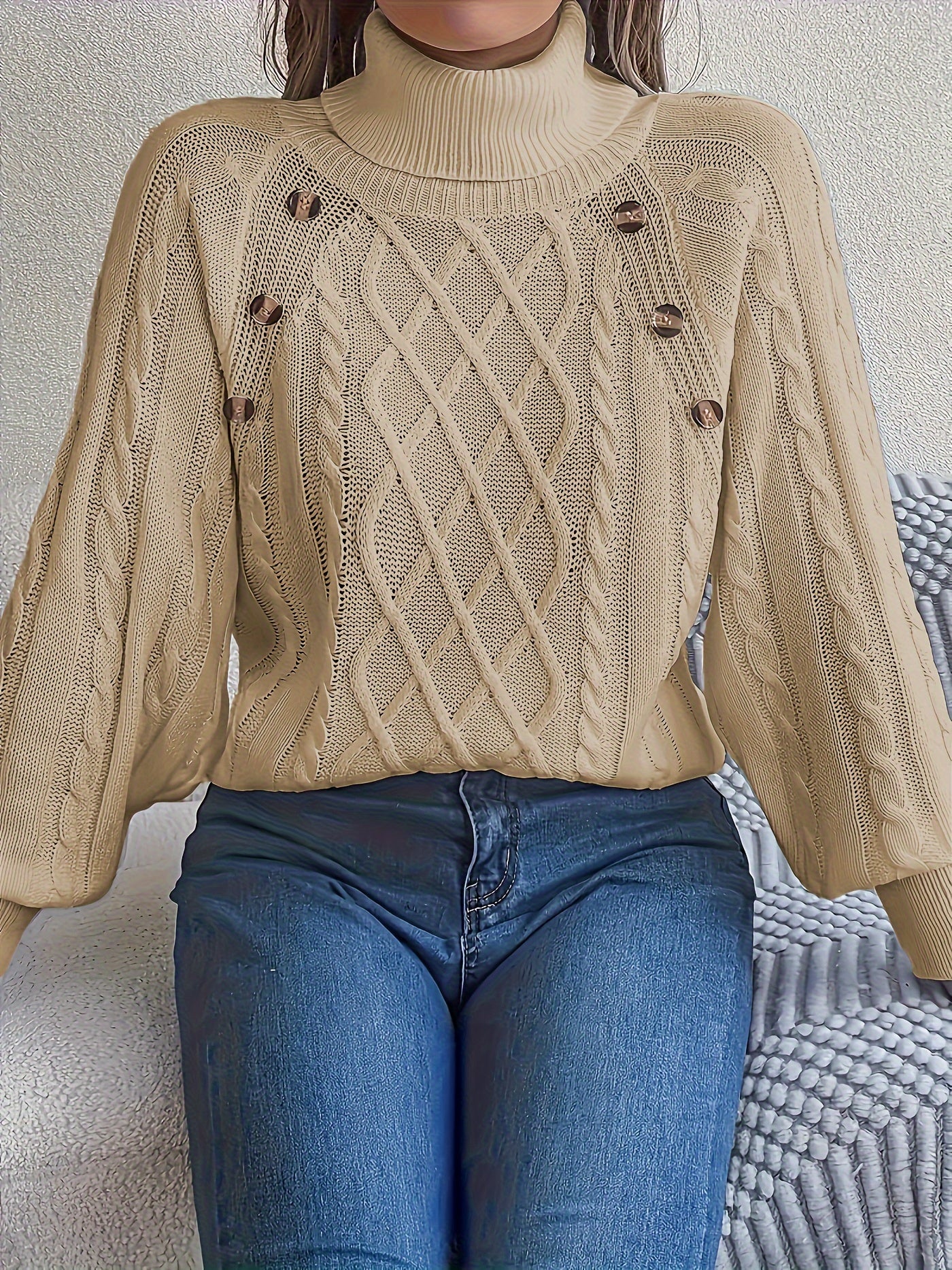 Women's Sweater with High Collar, Textured Buttons and Lantern Sleeves