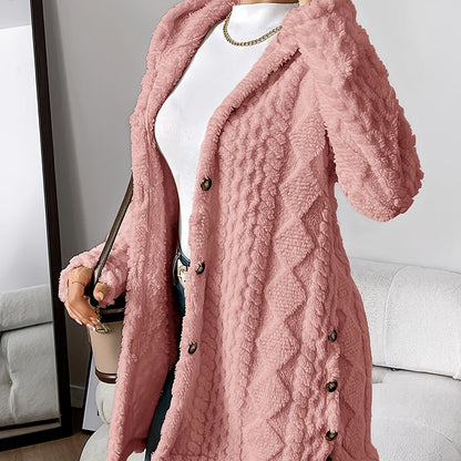 Button Front Hoodie Teddy Coat, Casual Long Sleeve Textured Fluffy Coat For Fall & Winter, Women's Clothing