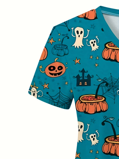 Spooky Ghost Print V-Neck Tee - Women's Comfortable Stretchy T-Shirts for Nurse, Healthcare Professionals - Soft, Breathable, Functional Uniform for Work, Halloween Costume Inspiration