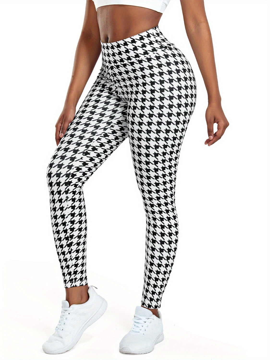 Women's High Waist Houndstooth Yoga Leggings - Stretchy, Elegant Activewear Pants for All Seasons