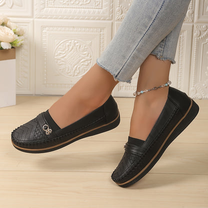 Elegant Women's Slip-On Loafers with Decorative Buckle - Retro Solid Color, Versatile Casual Shoes