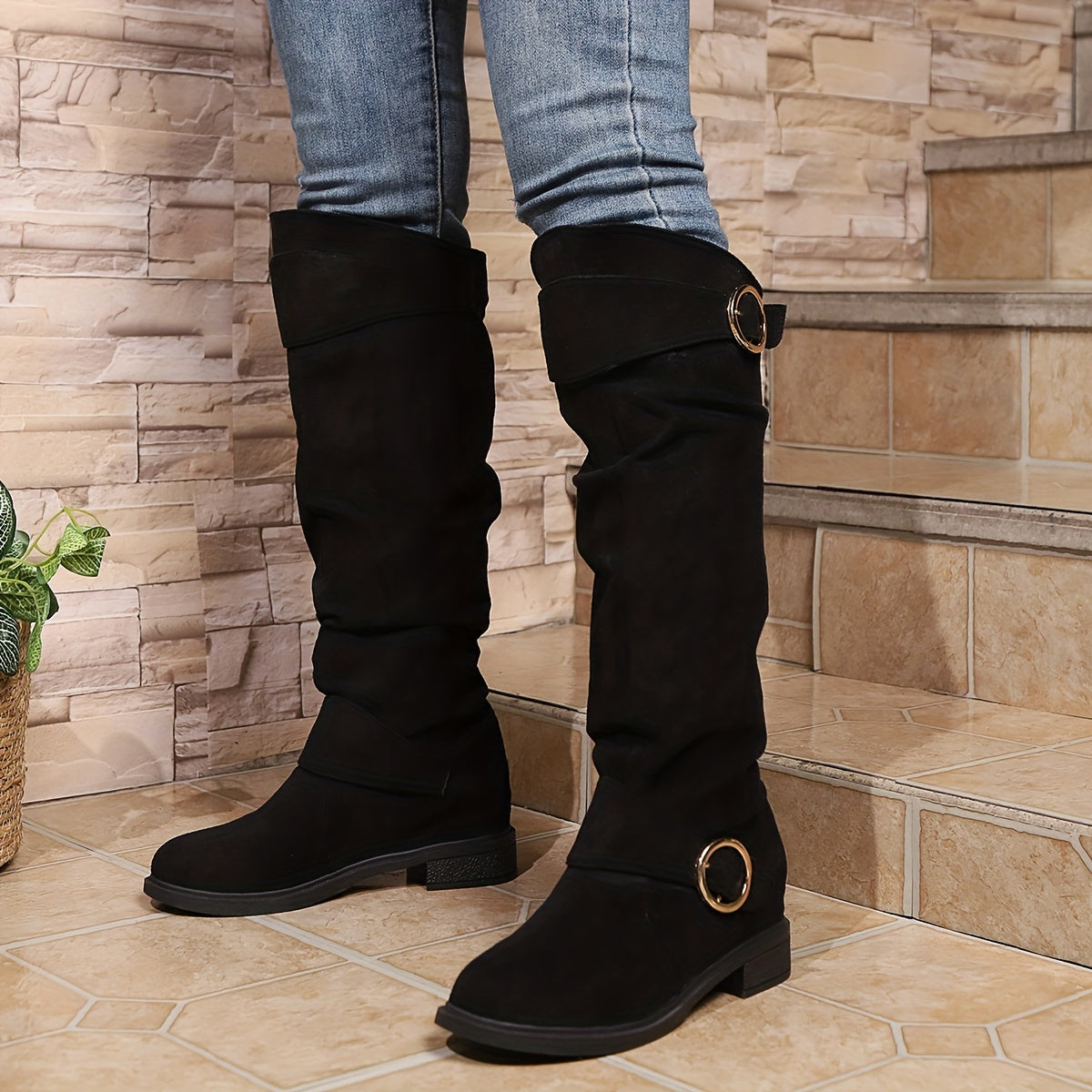 Trendy Solid Color Boots - Knee-High, Buckle Belt, Pull On, Chunky Heel, High Knee, Winter, Round Toe, Slouchy, Comfortable Boots for Women - LuxyXO