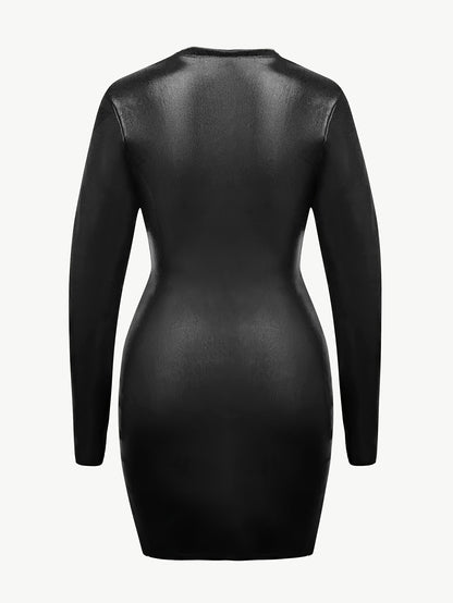 Vestido ajustado elegante de piel sintética negra estilo retro para mujer: minifalda sexy de cuello redondo y manga larga para otoño/invierno