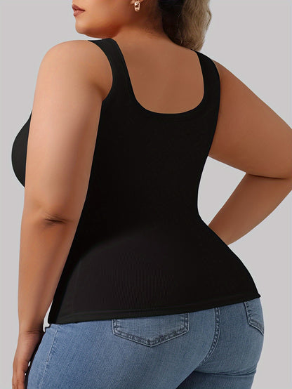 Chaleco moldeador simple de talla grande: modelador, corte ajustado, camiseta sin mangas 2 en 1 con tela acanalada sólida, diseño de cuello redondo, cómodo y transpirable para uso diario, ideal para mujeres con curvas