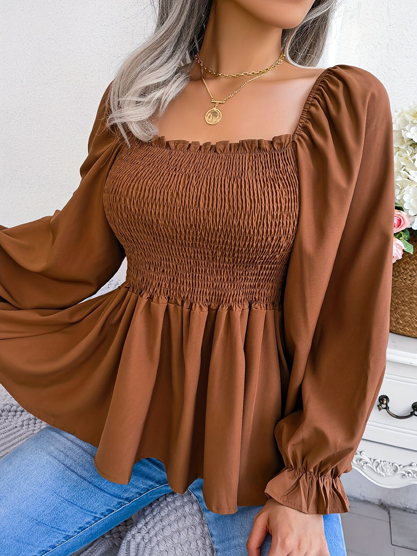 Plus Size Off The Shoulder Ruched Bust Long Sleeve Top - Elegant Solid Color Polyester Square Neck Casual Wear for Spring, Summer, Fall - Machine Washable, Non-Stretch Woven Fabric