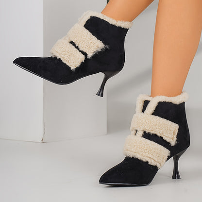 Women's Fashion All-match Elegant Warm Stiletto Heeled Short Boots With Inside Velvet