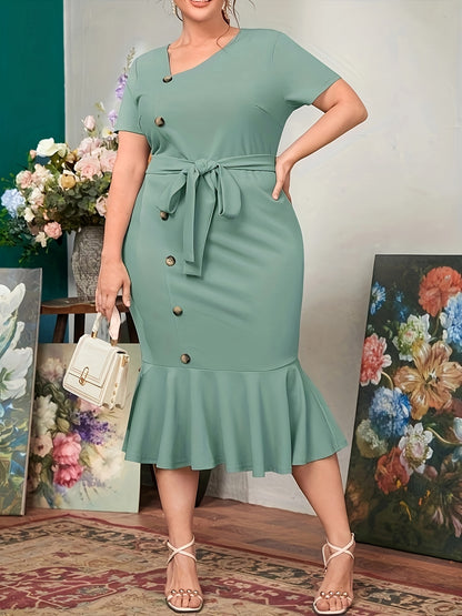 Stunning Plus Size Mermaid Hem Dress - Elegant Belted Short Sleeve Midi Dresses for Women - Spring & Summer Fashion, Solid Button Front, Flattering Fit, Comfortable Wear