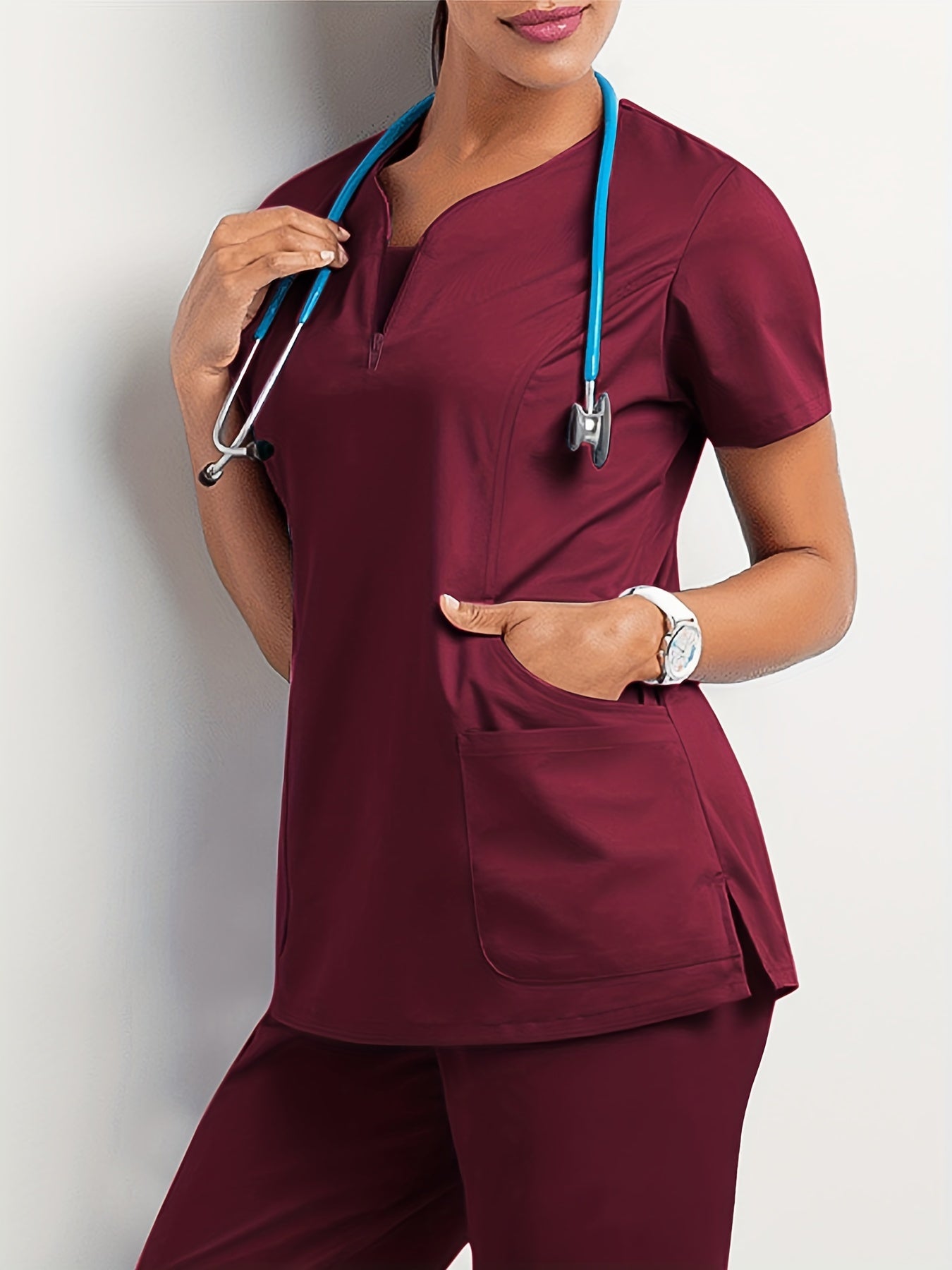 Two-Piece Comfortable Nurse Uniform Set - Soft, Slight Stretch, Crew Neck, Two Front Pockets, Drawstring Waist, Machine Washable, Easy Care