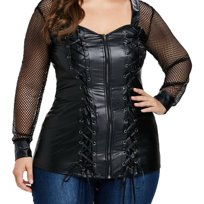 Women'S Plus Size Edgy Faux Leather Lace-Up Corset Top With Mesh Sleeves Gothic Punk Criss Cross Zip Up Top