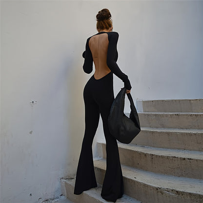 Black Simple Casual High Elastic Tight Sexy Backless Long-Sleeved Straight-Leg Wide-Leg Jumpsuit