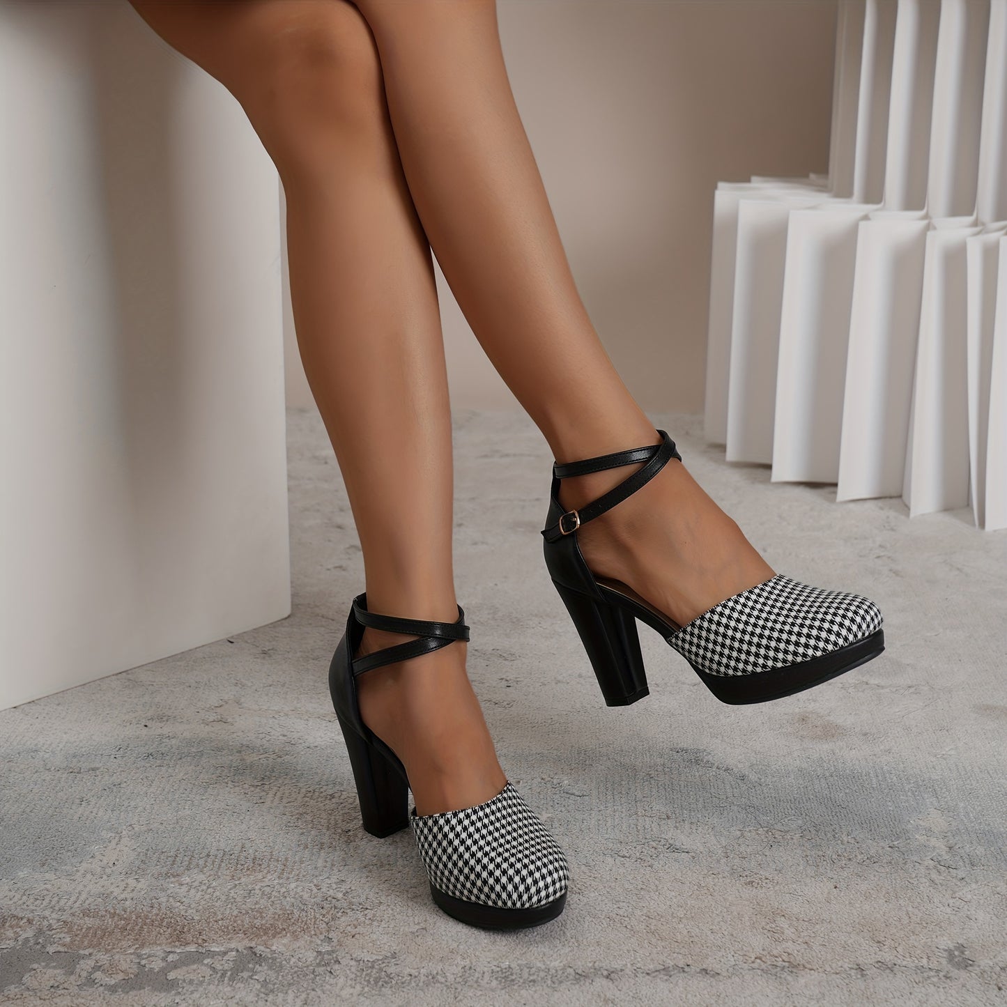 Chic Womens Houndstooth High Heel Sandals - DOrsay Crisscross Ankle Strap Design with Stable Platform Block Heel - Trendy Fashion Footwear