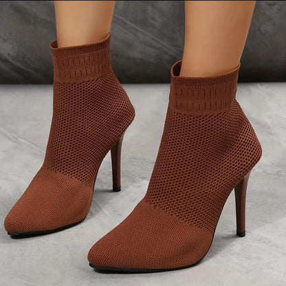 Women's Fashion Knit Socks Boots, Casual Pointed Toe Solid Color Slip On High Heels, Causal & Breathable Ankle Boots