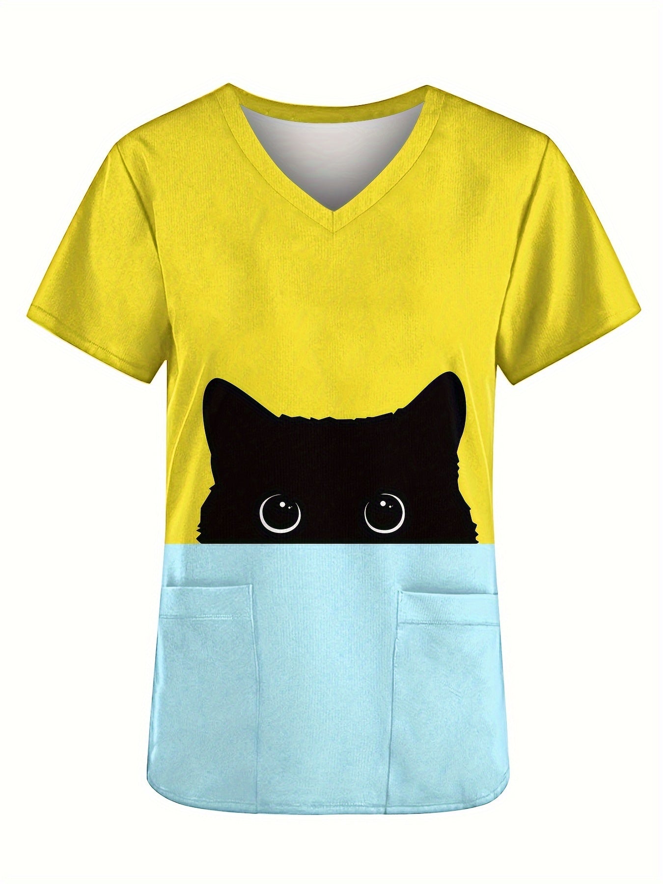 Whimsical Cartoon Cat V-Neck Scrub Top - Ultra-Comfortable, Functional, and Breathable Health Care Uniform for Women - Perfect for Hospital, Dental Office, and Medical Professionals