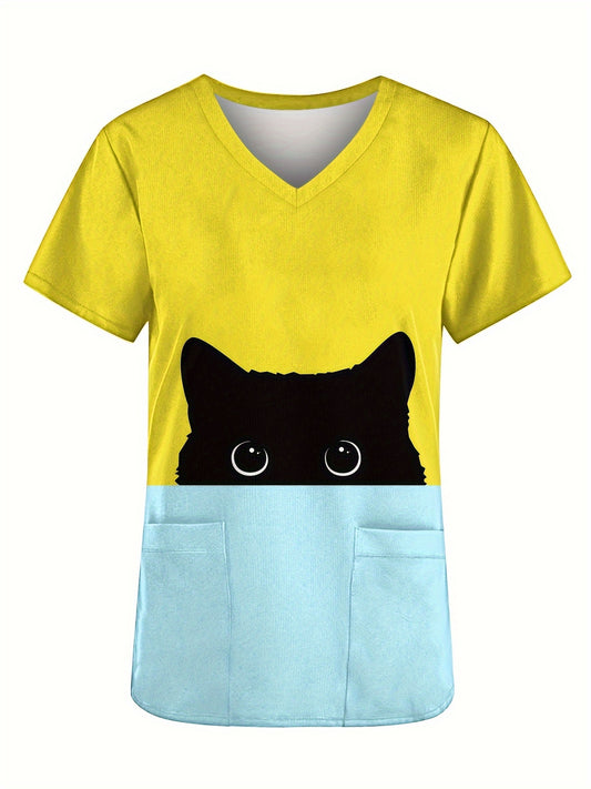 Whimsical Cartoon Cat V-Neck Scrub Top - Ultra-Comfortable, Functional, and Breathable Health Care Uniform for Women - Perfect for Hospital, Dental Office, and Medical Professionals