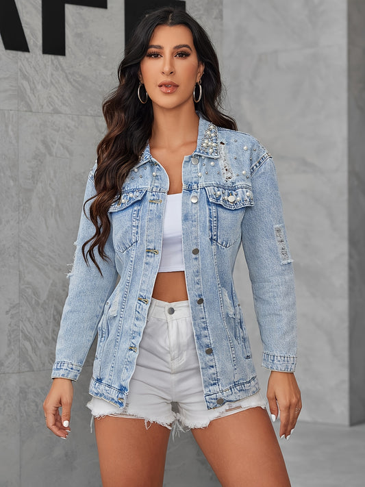 Chaqueta vaquera azul elegante - Abrigo de solapa de manga larga lavado con bolsillo abatible - Prenda vaquera clásica para mujer para la vida cotidiana informal