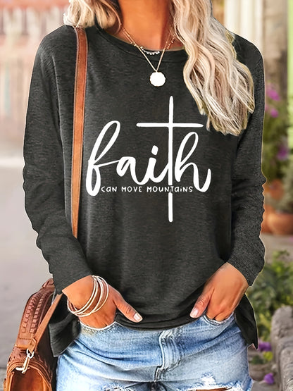 Faith-inspired Print Womens T-Shirt - Fashionable Crew Neck, Comfortable Long Sleeves for Spring & Fall - Versatile Casual Style - LuxyXO