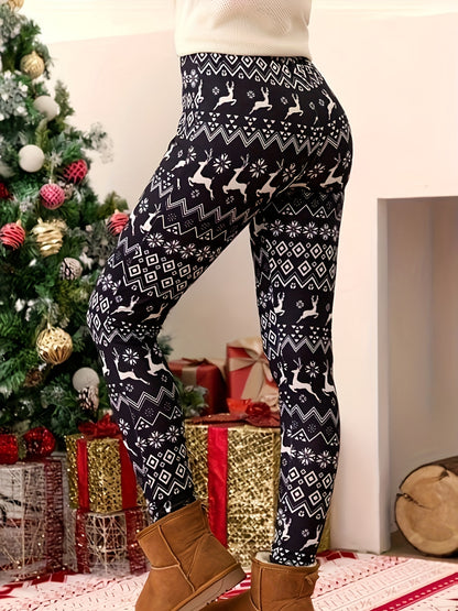 Leggings con estampado navideño estilo Y2K para mujer: tejido de punto de poliéster, pantalones cortos con cintura elástica y corte entallado en color zanahoria con elasticidad media, pantalones ajustados para todas las estaciones