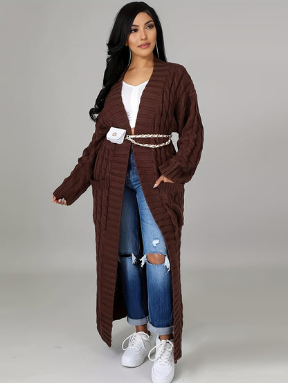 Extra-Long Cable Knit Cardigan - Cozy & Stylish Solid Sweater with Practical Pockets - Perfect for Womens Casual Wear