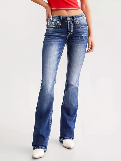 Stylish Whisker Embroidered Pocket Slim Fit Jeans - Soft Washed Blue Denim, Retro Style - LuxyXO