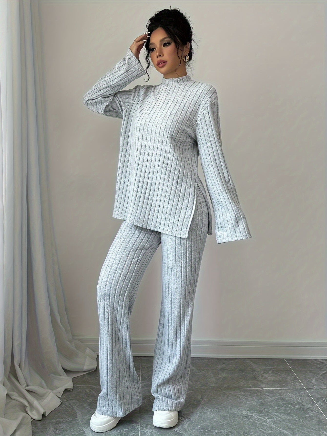 Elegant Women's Polyester Knit Sweater Set with Turtleneck Collar - Solid Color Long Sleeve Top and Pants Combo for All Seasons