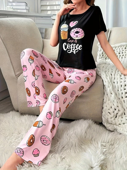 Chic Coffee & Donut Print Pajama Set - Comfy Short Sleeve & Stretch Waist Sleepwear for Women