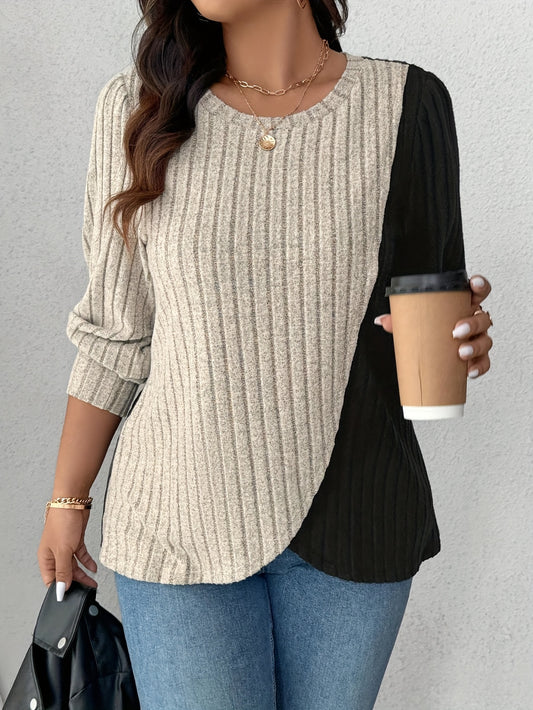 Plus Size Elegant Ribbed Knit T-Shirt - Stretchy & Soft, Long Sleeve with Asymmetrical Hem, Round Neck, Beige & Black Patchwork