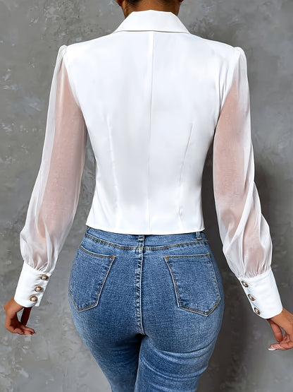 Blusa elegante de manga larga con cuello con muescas, botones elegantes en el frente, puños con efecto ilusión, ajuste cómodo para primavera y otoño. Ropa de moda femenina para el trabajo o uso diario.