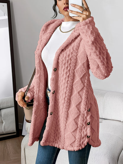 Button Front Hoodie Teddy Coat, Casual Long Sleeve Textured Fluffy Coat For Fall & Winter, Women's Clothing