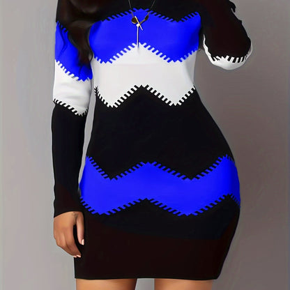 Chic Geometric Print Bodycon Dress - Stretchy Long Sleeve Crew Neck, Perfect for Spring/Fall - Women's Fashion