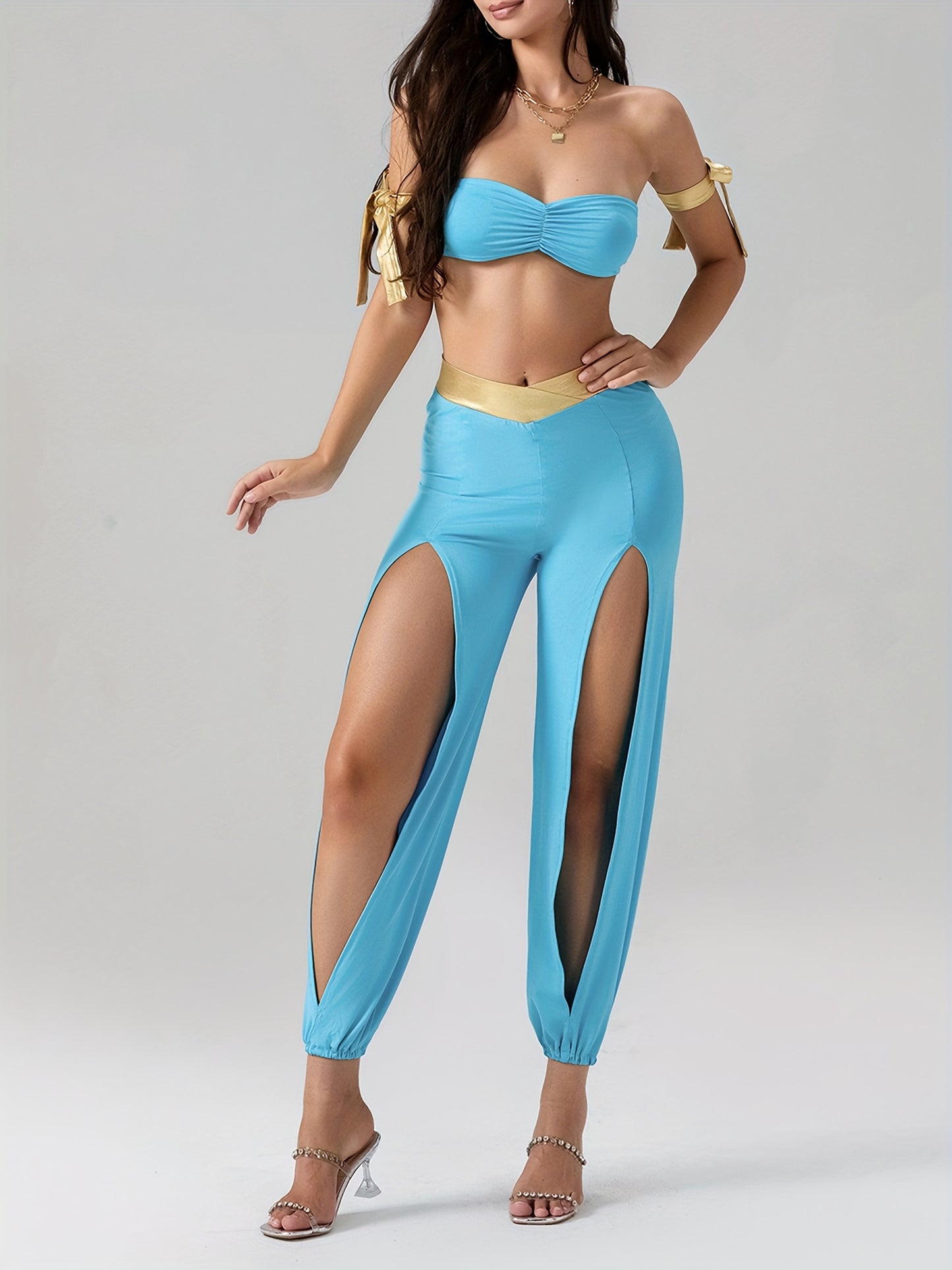 Disfraz de princesa para mujer, top bandeau sin tirantes, pantalones largos con aberturas y tirantes para atar en los brazos, conjunto de disfraces de fiesta para juegos de rol