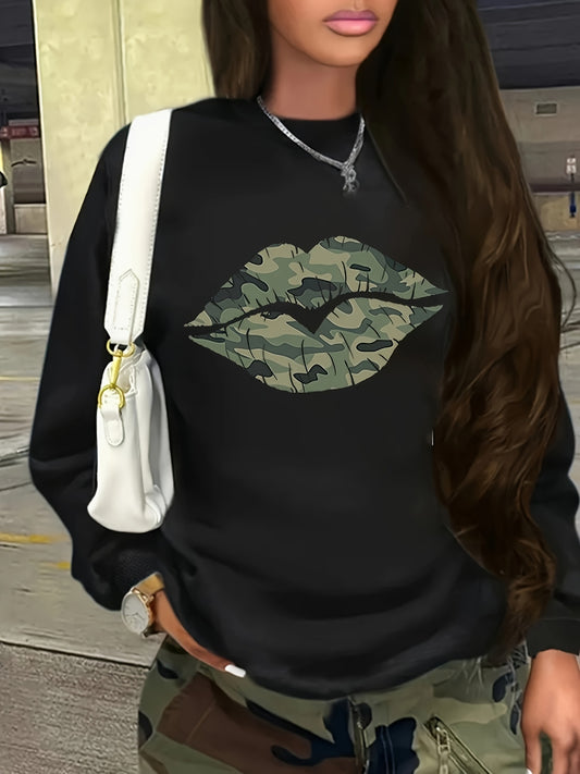 Women's Camo & Lips Print Pullover Sweatshirt