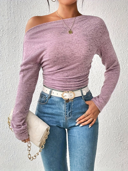 Blusa elegante de mujer con cuello asimétrico, fruncida, de manga larga y versátil para primavera y otoño