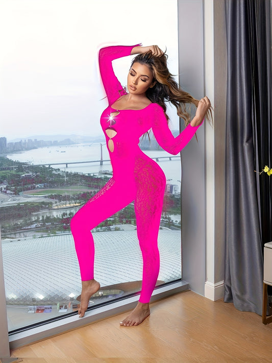 Women's Sexy See Through Leopard Mesh Cut Out One Piece Outfit Bodycon Long Sleeve Jumpsuit