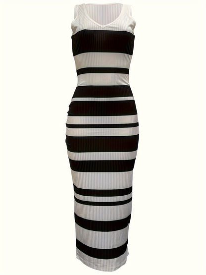 Striped V-neck Tank Dress, Sexy Sleeveless Midi Bodycon Dress