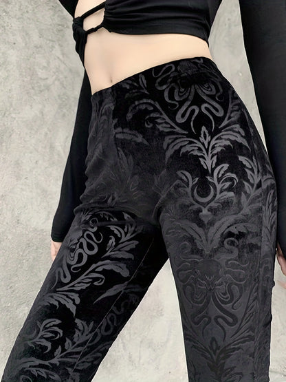 Gothic Floral Print High Waist Pants, Elegant Flare Leg Pants, Women's Clothing