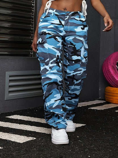 Plus size women's camo print streetwear cargo jeans, loose fit, side flap pocket, distressed denim, comfortable and trendy outfit