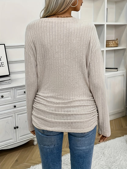 Soft Ruched Tunics Top - Stylish Crew Neck Long Sleeves