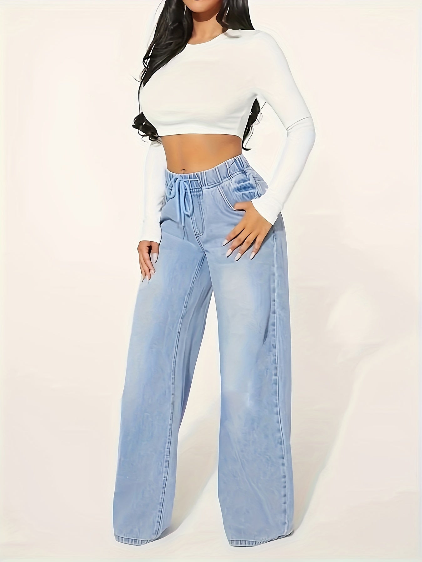 Soft Relaxed Fit Washed Denim Jeans - Elastic Waist, Drawstring Jeans - LuxyXO