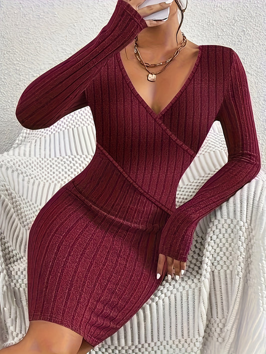 Vibrant Ribbed Bodycon Dress - Elegant Women's Long Sleeve V Neck Dress